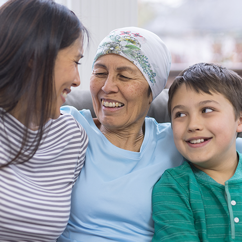 Mother in headscarf with adult daughter and grandson