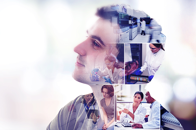 patient and lab technician mosaic