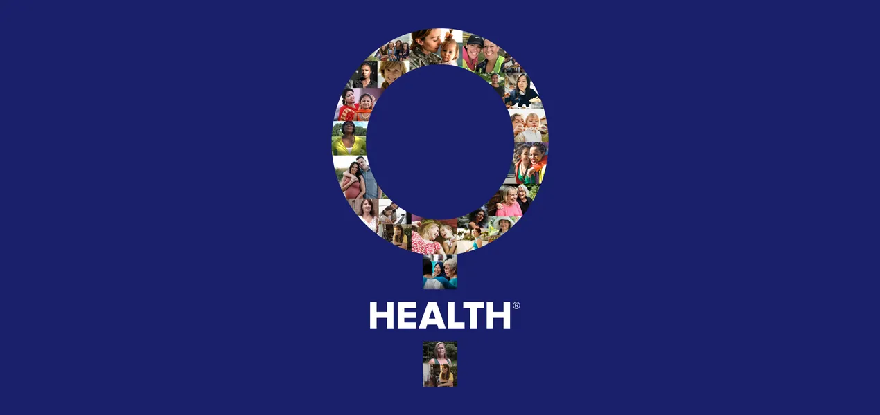 Women's health symbol made up of a collage of pictures on a navy blue background..